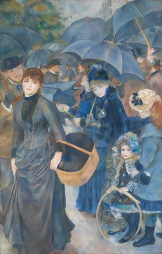 A crowd of Parisians holds open umbrellas in the rain, a woman with a basket in the foreground, in muted blues and grey