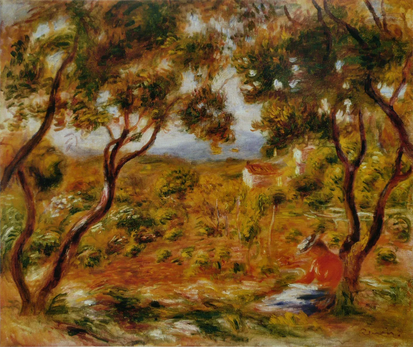 Gnarled trees frame a sunlit hillside with a distant house and a small seated figure in red, painted in warm orange, gold and green
