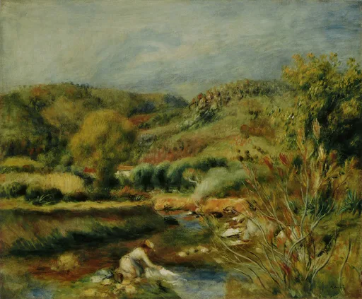 A small figure kneels at a stream washing laundry within a wide rolling landscape of green and ochre hills.