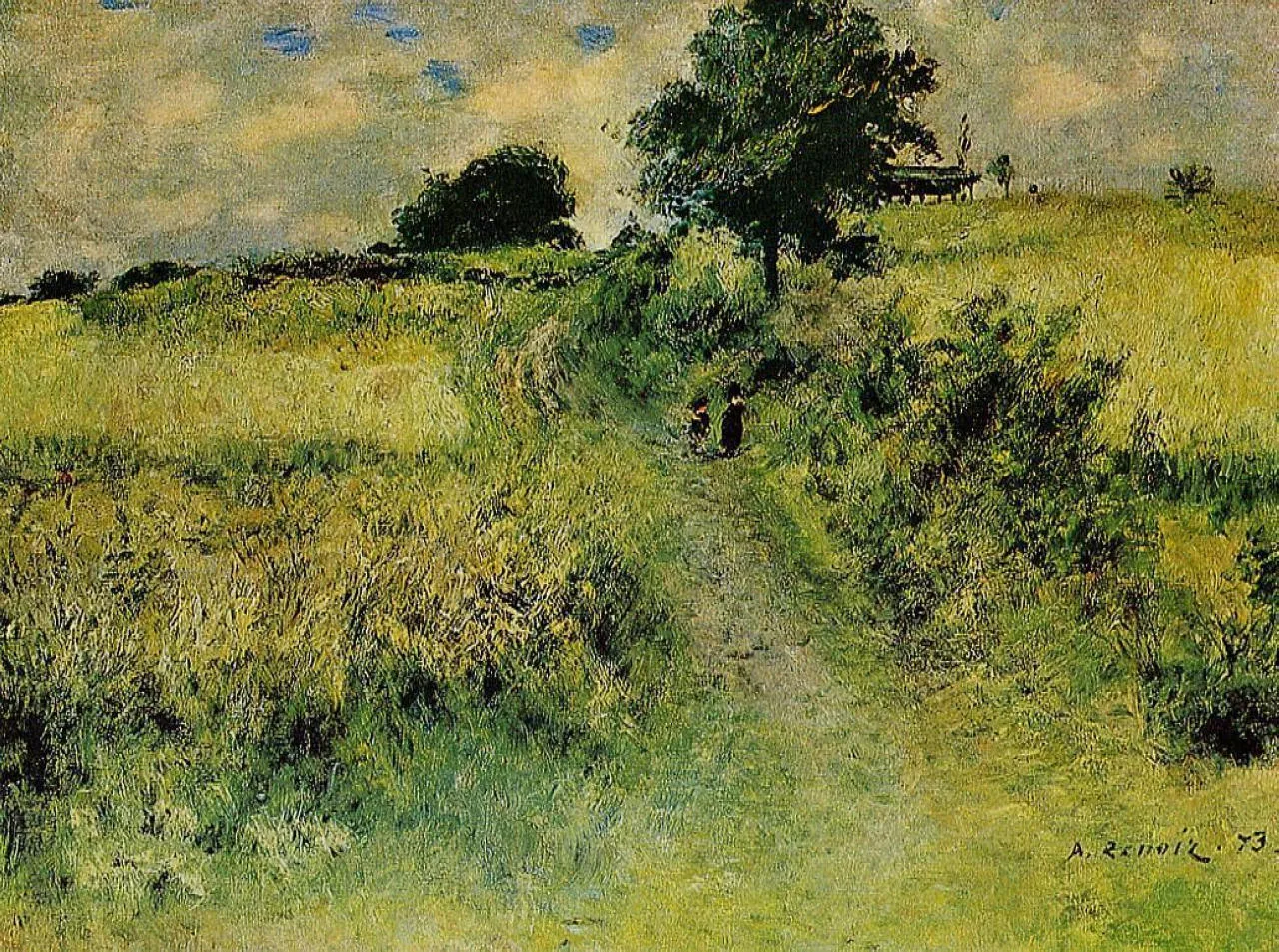 A grassy path winds through golden-green fields toward a distant tree and farmhouse, two small figures walking.