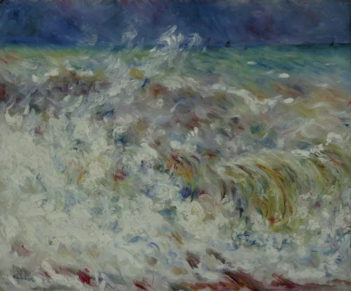 A large breaking wave foams toward the shore with distant sailboats on the horizon, painted in frothy white, green and violet