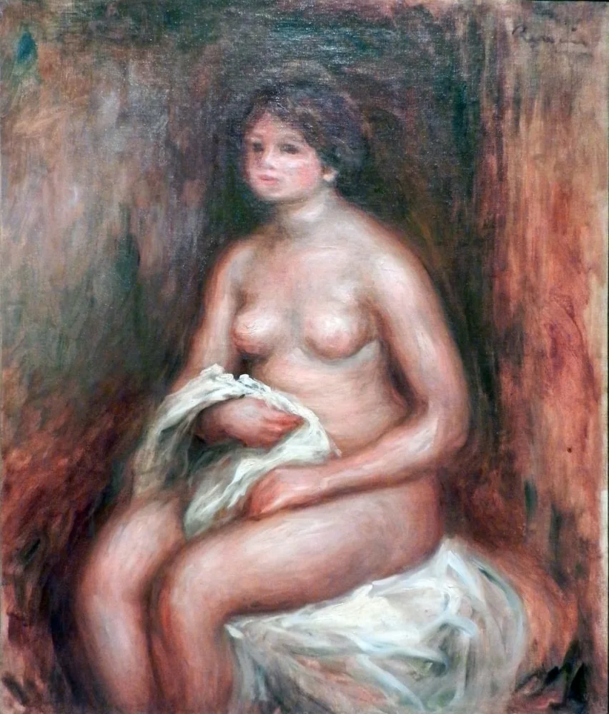 A nude woman sits holding white drapery across her lap, painted against a dark reddish-brown background.