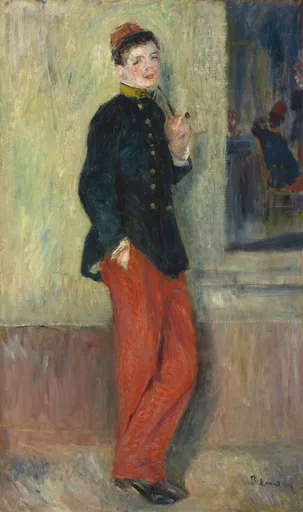 A young soldier in a dark blue jacket and red trousers smoking a pipe on a street, in red, dark green, and pale grey