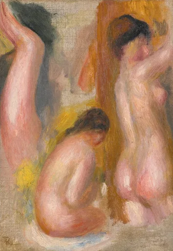 Three nude female bathers as loose fragments on unfinished canvas, crouching, twisting up her hair, and seen from behind, in warm rose and peach tones.