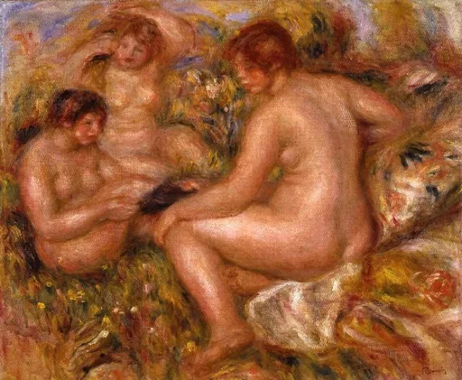 Three nude bathers grouped together on the grass amid flowers and drapery, in warm flesh tones and green
