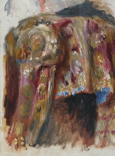 A richly embroidered toreador's jacket as a close-up still life, thick strokes of gold, crimson, and blue suggesting ornate braid and floral trim.