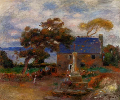 A Breton village scene with a stone house under a blue-tiled roof beside a wayside cross, small figures near the doorway, and a hazy blue coastline.