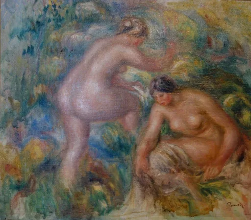 Two nude bathers among lush foliage, one bending forward and one crouching beside her, in soft pink and green