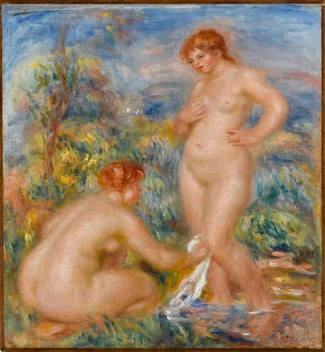 Two nude bathers by a stream, one standing and one kneeling washing her feet, in blue, green, and flesh tones