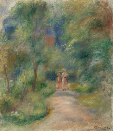 Two small figures, an adult and a child, walk along a sunlit dirt path enclosed by dense green foliage, with a red-roofed structure glimpsed behind them.