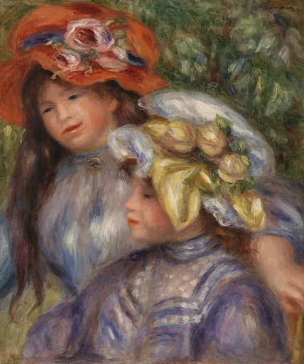 Two girls in matching blue-striped dresses lean close, one in a wide orange hat with pink roses, the other in a white bonnet with yellow ribbon.