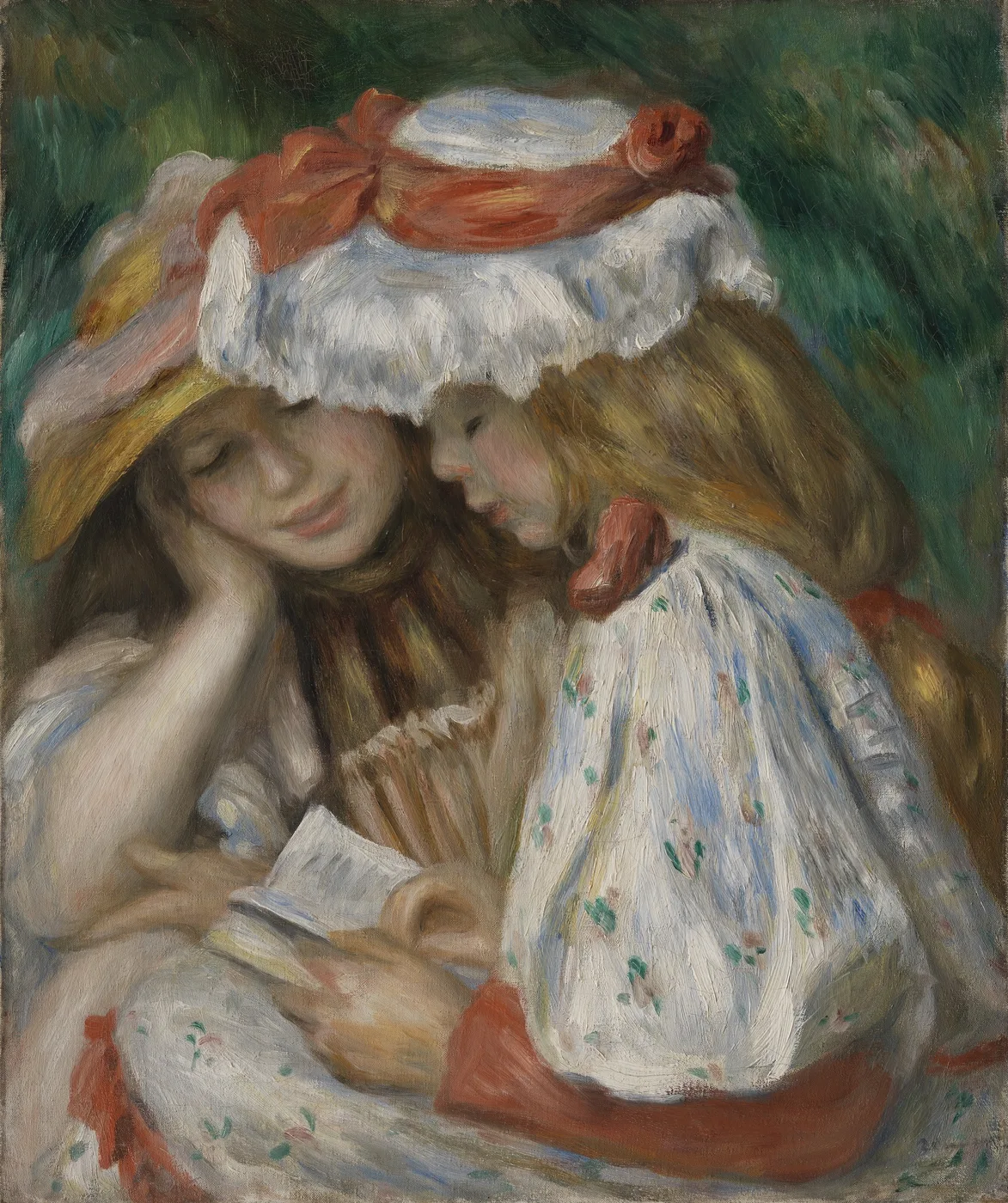 Two young girls in wide straw hats with red ribbons sit close together reading a book, in white, floral, and green tones