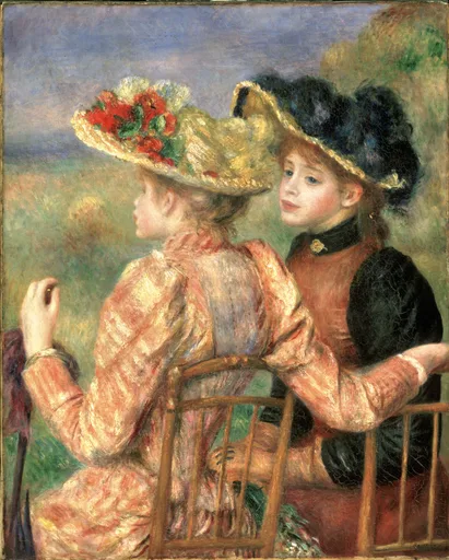 Two young women in wide straw hats, one trimmed with red flowers seen from behind, the other with dark feathers, sit close together against soft green.