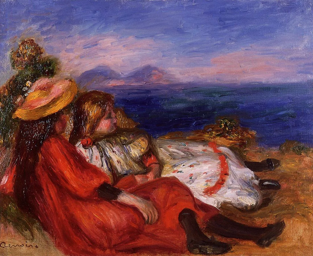 Two girls in a red dress and a floral white dress lying on a beach facing the sea, in deep blue, red and ochre
