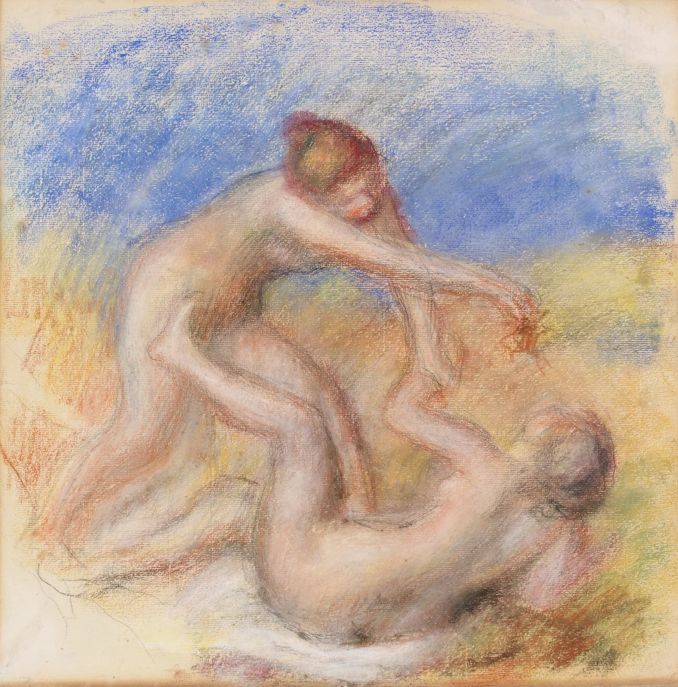 A pastel drawing of two nude figures intertwined outdoors, one crouching over the other, in soft red and ochre strokes against a hazy blue landscape.