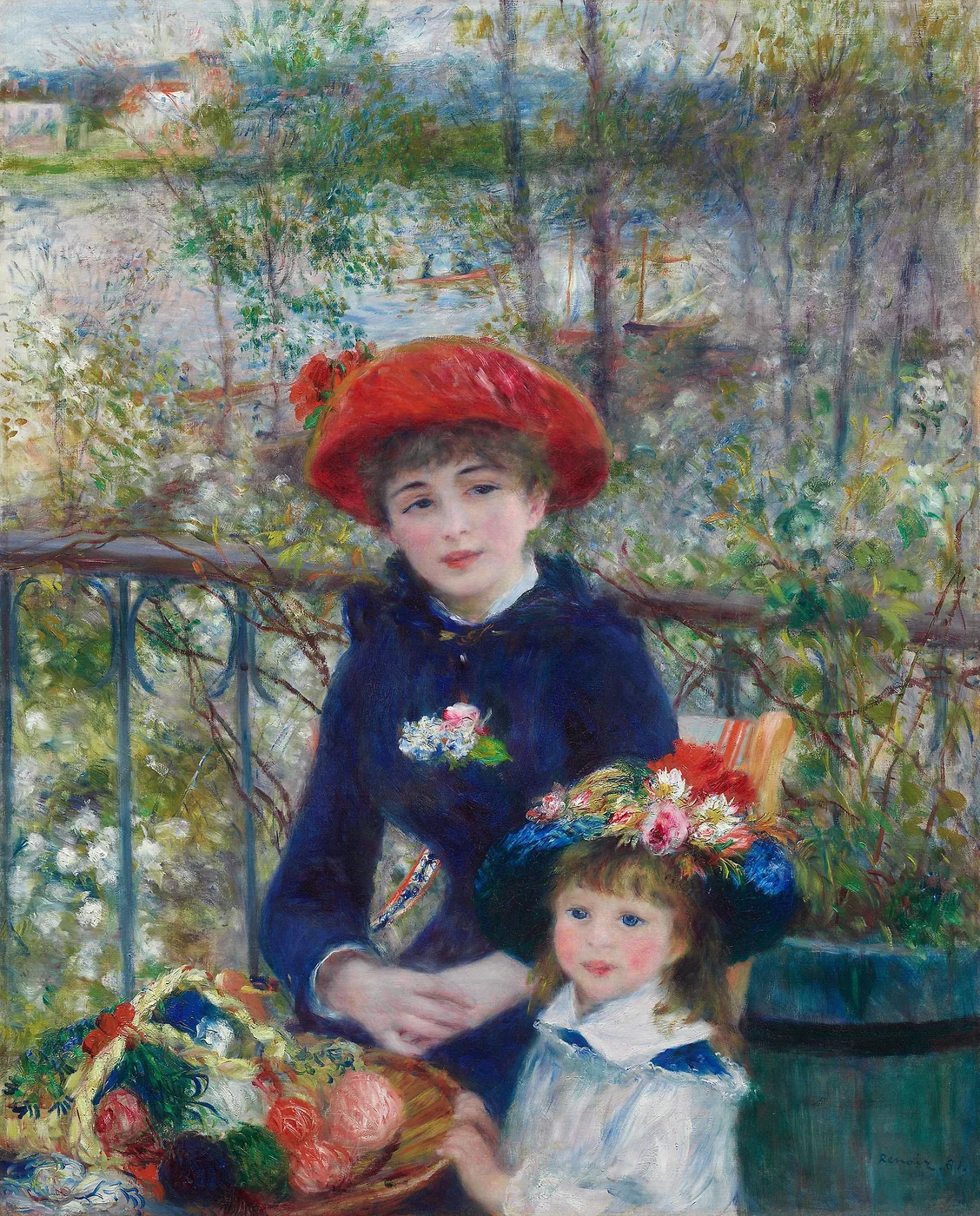 A woman in a red hat and navy coat stands with a young girl on a riverside terrace, a basket of goods before them