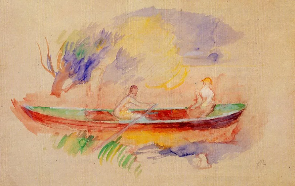 Two women in a red and green rowboat by a riverbank, one rowing with an oar, amid loose purple and yellow foliage