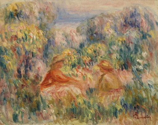 Two seated women in wide hats, one in red and one in yellow, nearly dissolve into a dense, brightly dappled landscape of flowering bushes and hills.