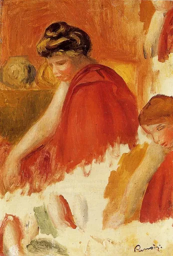 Two women in red draped robes with upswept hair, an unfinished sketch in warm orange, red and cream tones