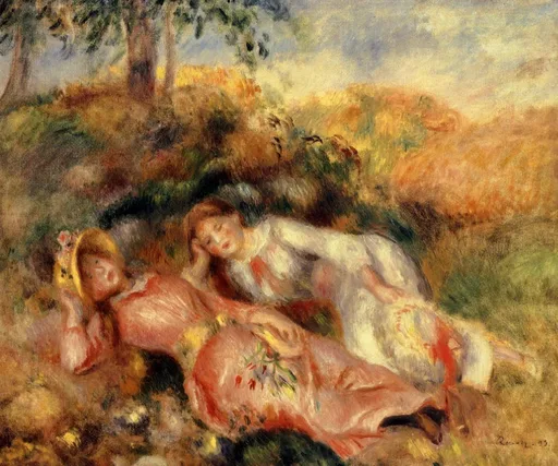 Two women reclining together in a grassy field, one in pink and one in white, amid golden autumn foliage