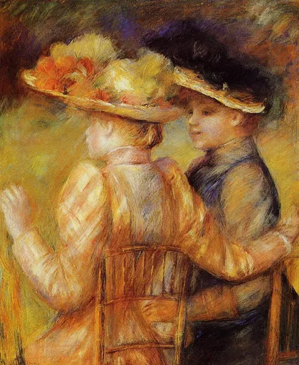 Two women in wide brimmed straw hats standing close together, in golden yellow with touches of dark blue