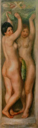 Two nude women standing side by side with arms raised in a tall narrow panel, in warm flesh tones and muted green