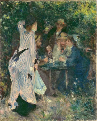 A woman in a striped dress and black hat standing beside a group seated at a garden table under leafy shade, in cool blue, white, and green
