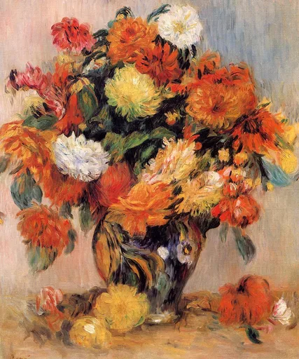 A dense arrangement of orange, yellow, and white chrysanthemums crowds a striped vase, with loose blooms scattered below, against soft pink and blue.