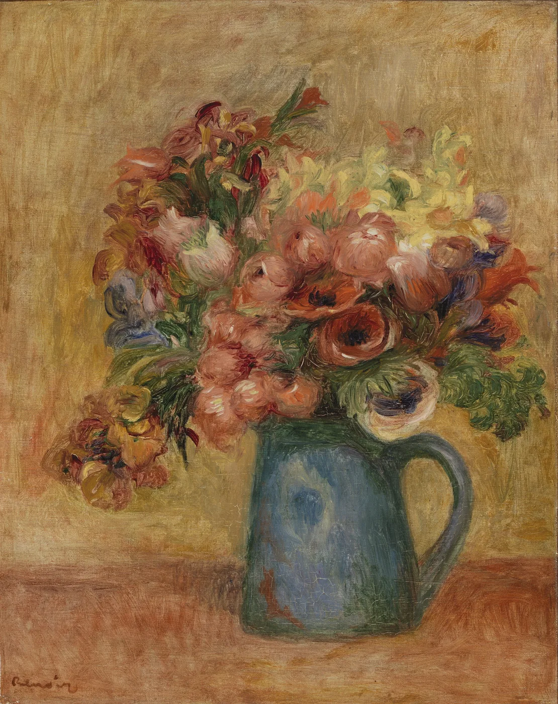 A mixed bouquet of pink, red, and yellow flowers spills from a blue-green pitcher on a warm ochre tabletop, painted against a golden background.