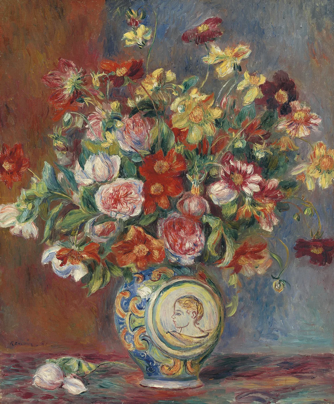 A tall bouquet of red, yellow, and pink flowers in a ceramic vase decorated with a painted portrait medallion, against a warm brown and blue background.