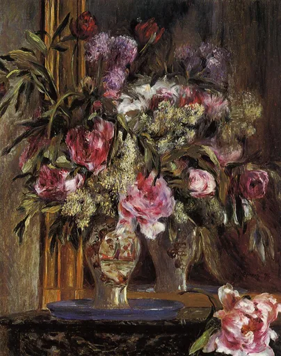A dark still life of peonies, tulips, and lilac in a porcelain vase reflected in a mirror, with loose blossoms resting on a marble ledge below.
