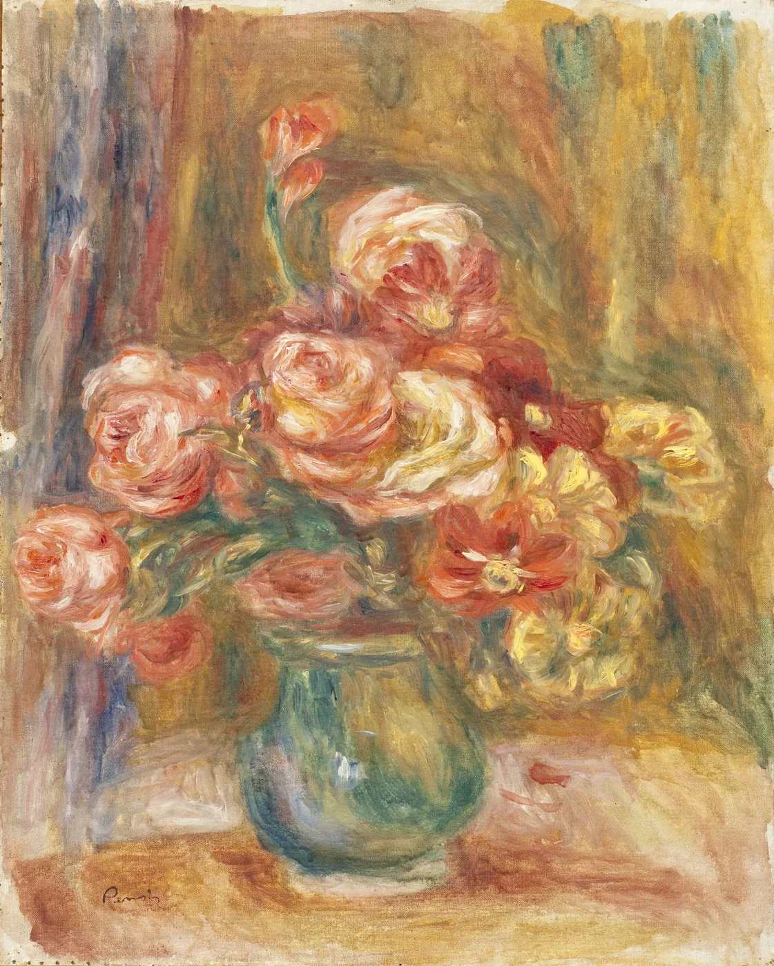 Pink and cream roses cluster in a green glass vase, painted with loose feathery strokes against a warm golden and blue backdrop.