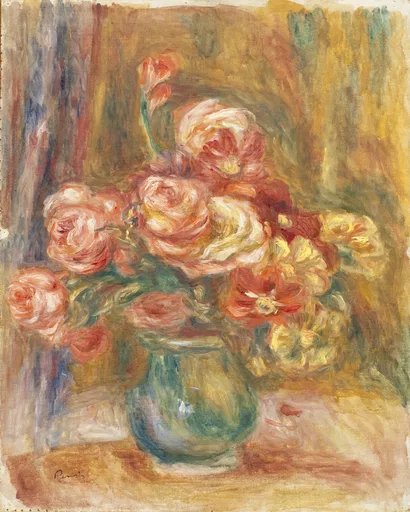Pink and cream roses cluster in a green glass vase, painted with loose feathery strokes against a warm golden and blue backdrop.
