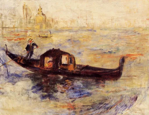 A gondolier steers a covered gondola across a hazy Venetian lagoon, domed buildings glowing in the distance