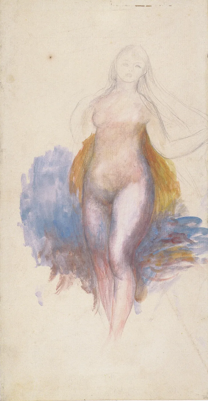 A pencil sketch of a standing nude woman with flowing hair, partly washed with watercolor drapery, in pale flesh, blue, and ochre tones