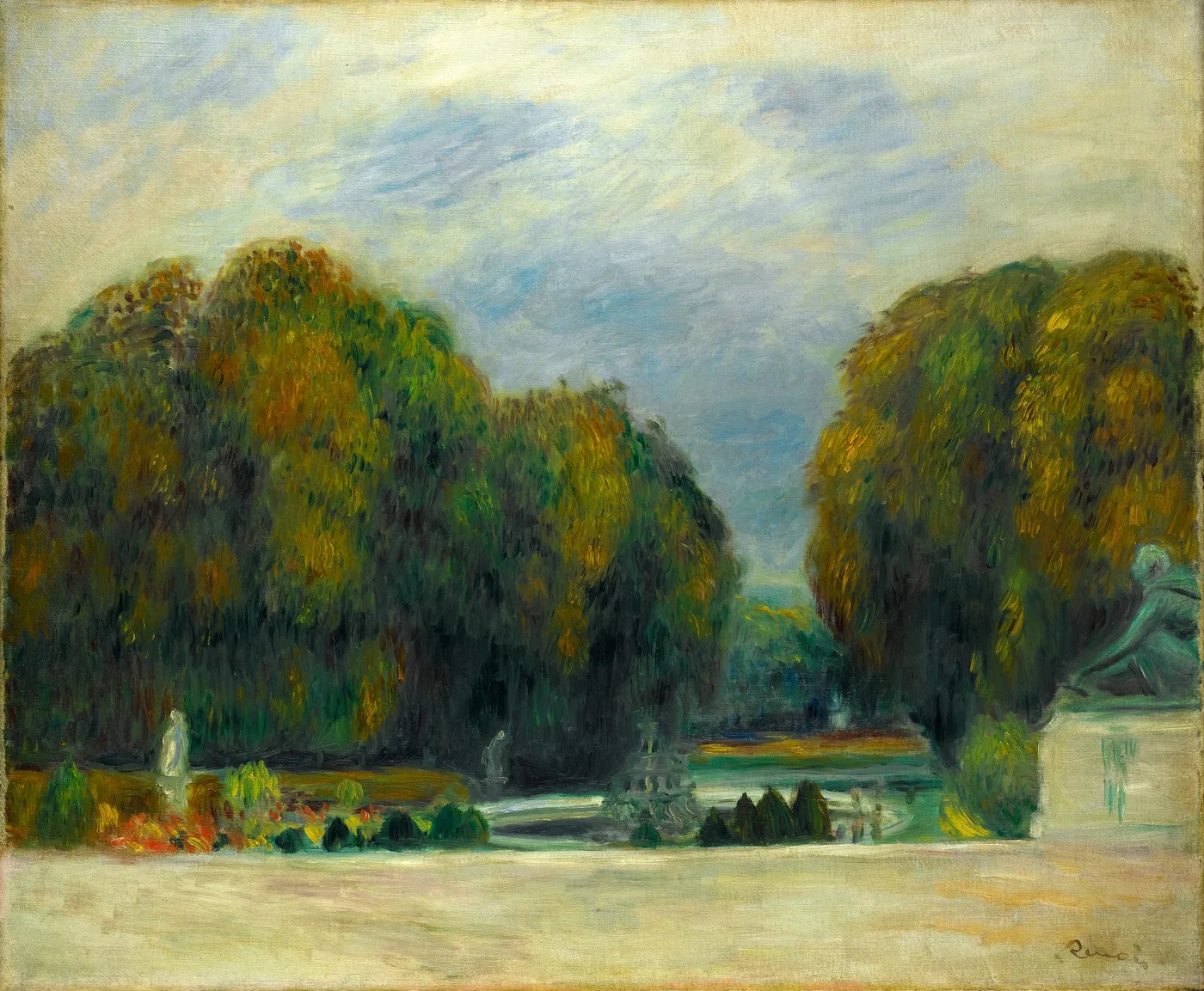 A formal park view with a stone statue on a pedestal beside a pond flanked by tall clustered trees, in green, blue, and cream tones