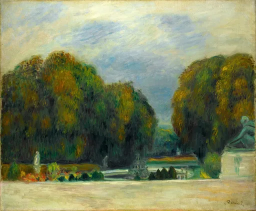 A formal park view with a stone statue on a pedestal beside a pond flanked by tall clustered trees, in green, blue, and cream tones