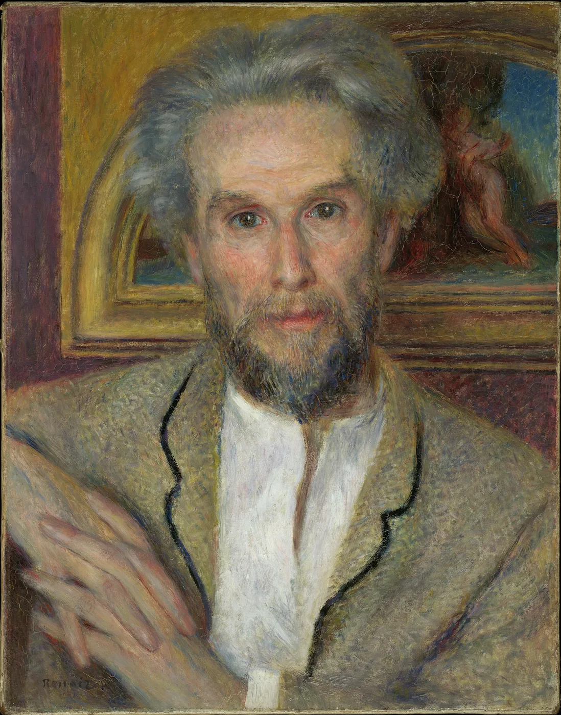 A grey-bearded man in a tweed jacket and open white shirt sits before a framed painting, in warm ochre and muted grey tones