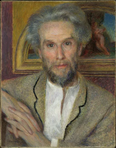 A grey-bearded man in a tweed jacket and open white shirt sits before a framed painting, in warm ochre and muted grey tones