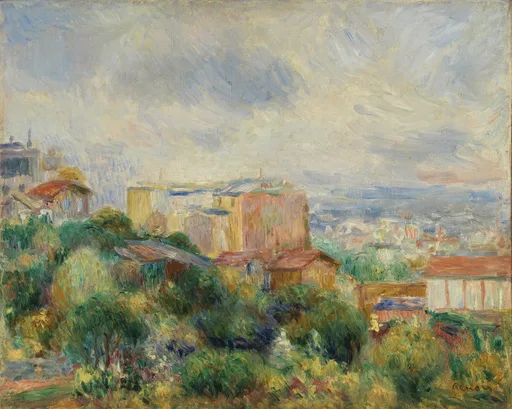 A view over Montmartre rooftops and greenery toward a sprawling city under a wide, cloud-filled sky, painted in loose strokes of orange, green, and blue.