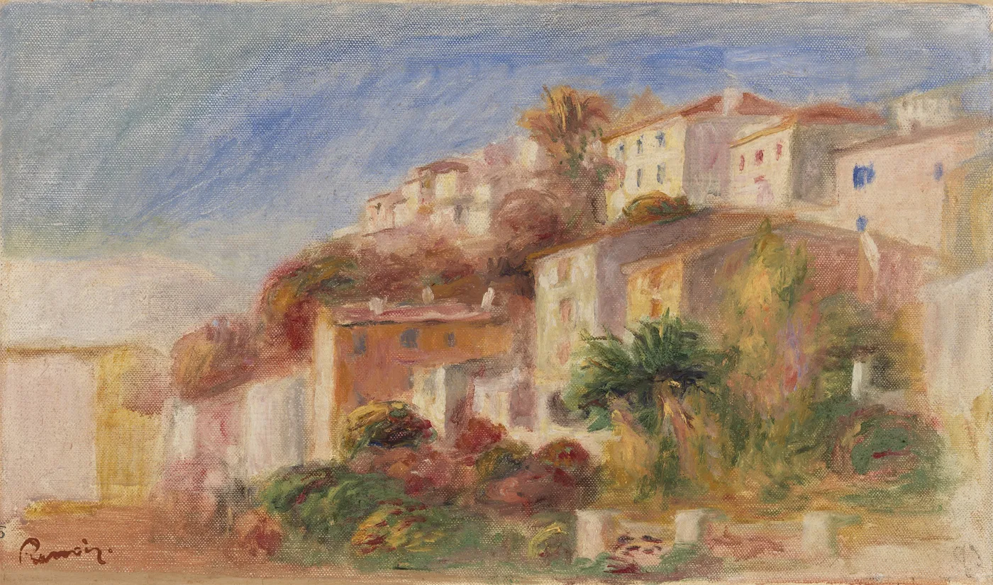 A hillside cluster of terracotta-roofed village houses with a palm tree and garden shrubs in front, under a pale blue sky, in warm ochre, rose, and green tones