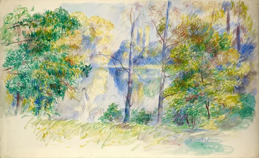 A watercolor park scene with tall slender trees framing a still pond and a faint figure strolling on the grassy bank, in soft green, yellow, and blue tones