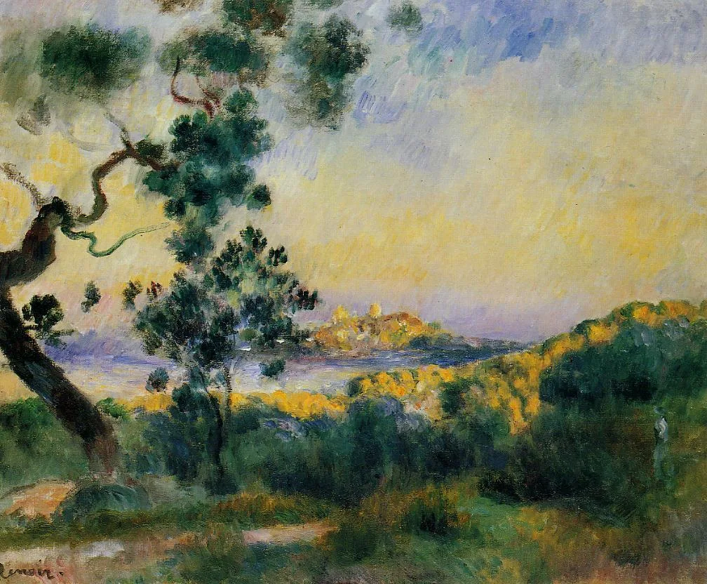 A gnarled pine frames a distant coastal town across a bay under a glowing sky, in golden yellow, green, and lavender tones