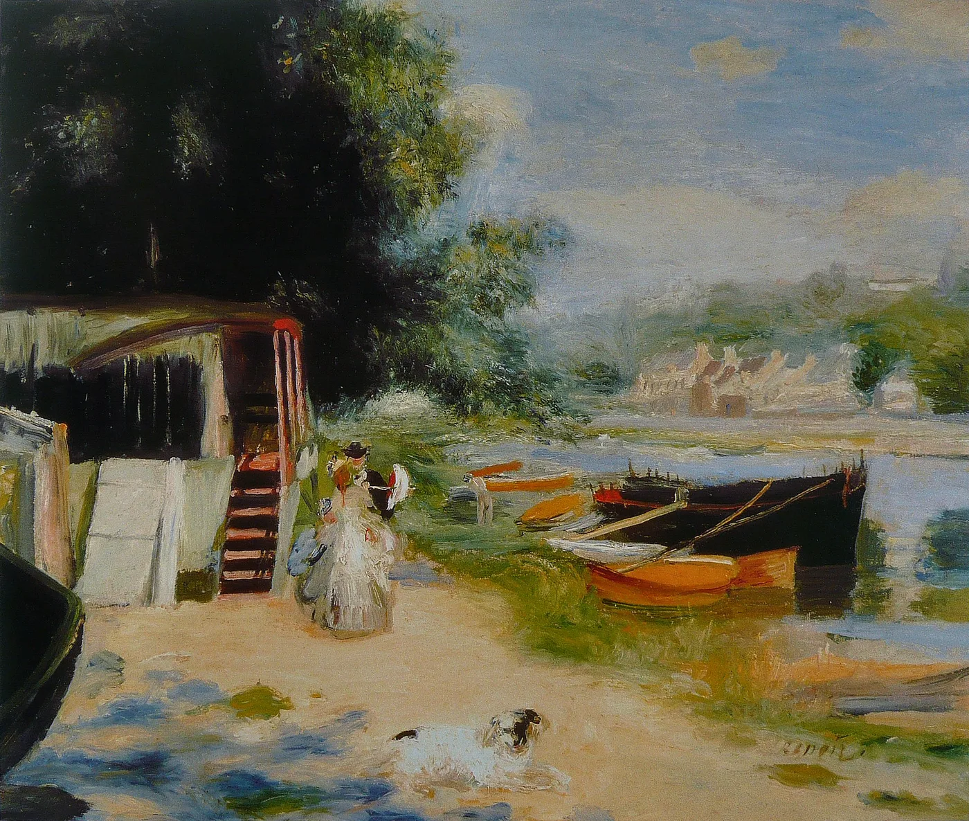 A woman in a white dress strolls past moored orange rowboats on a sandy riverbank with a small dog, in green, blue and warm ochre tones
