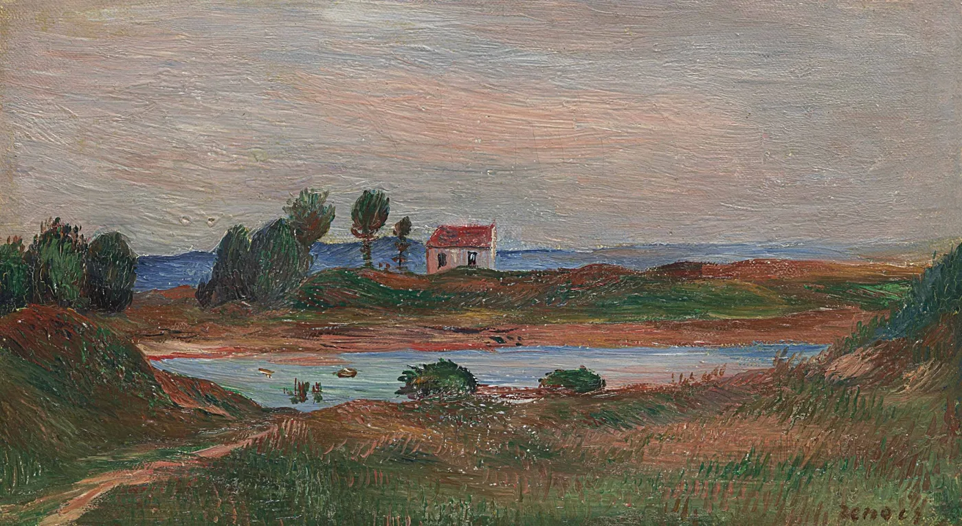 A small red-roofed cottage on a rugged coastal dune overlooking a calm inlet, in muted earthy brown, green, and dusky pink tones