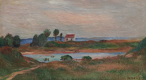 A small red-roofed cottage on a rugged coastal dune overlooking a calm inlet, in muted earthy brown, green, and dusky pink tones