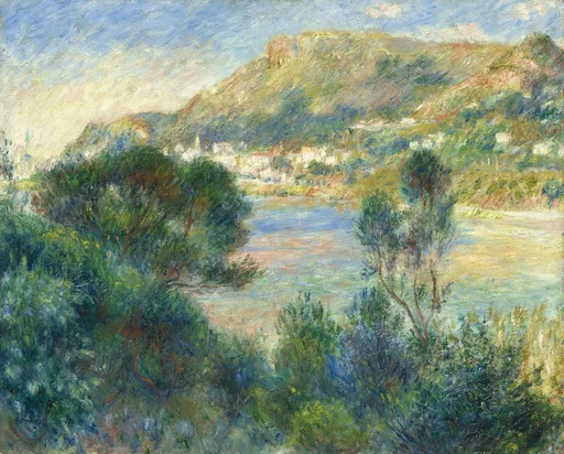 A coastal town nestled below rocky hills, seen past a bay and shrubby foreground trees, in soft green, blue, and sandy tones