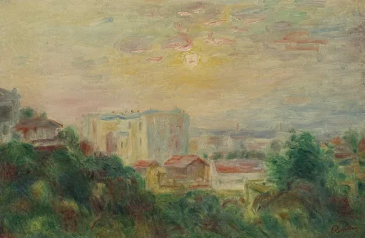 A hazy view over Montmartre rooftops and trees under a glowing sunset sky streaked with pink and gold clouds, the city spreading softly into the distance.