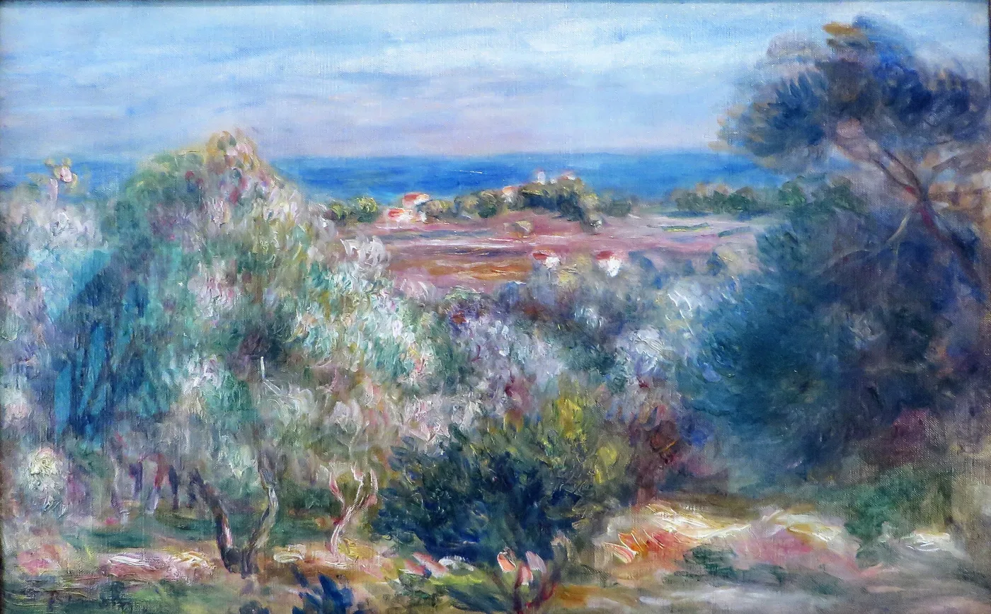 A hillside of flowering shrubs and trees overlooking a distant sea, in soft green, blue, and lavender tones