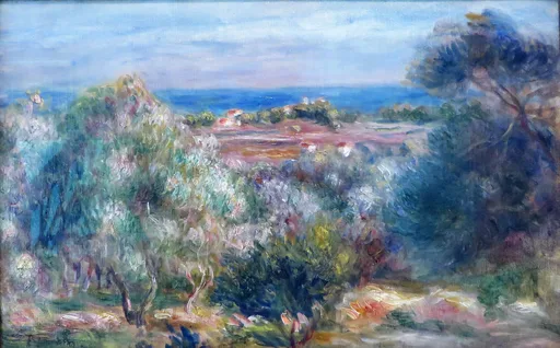 A hillside of flowering shrubs and trees overlooking a distant sea, in soft green, blue, and lavender tones